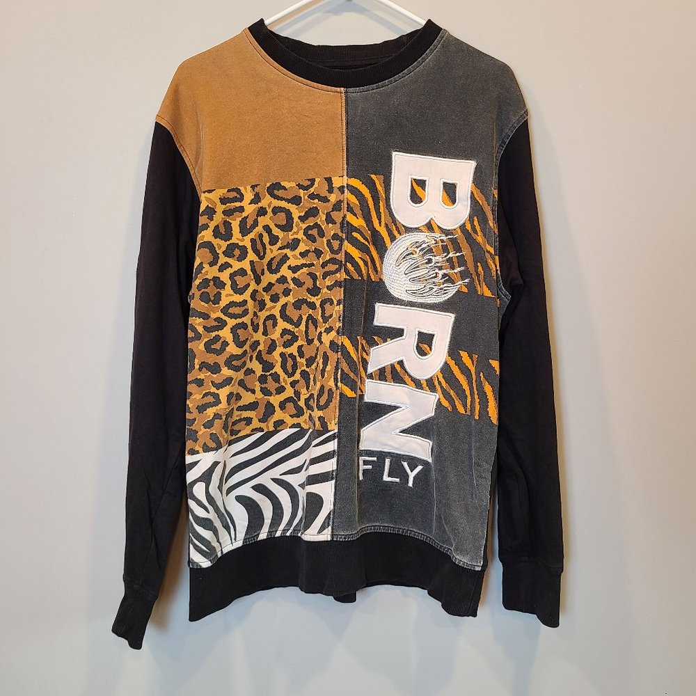 Born Fly Men's Patchwork Animal Print Crewneck Sweatshirt - Black/Tan